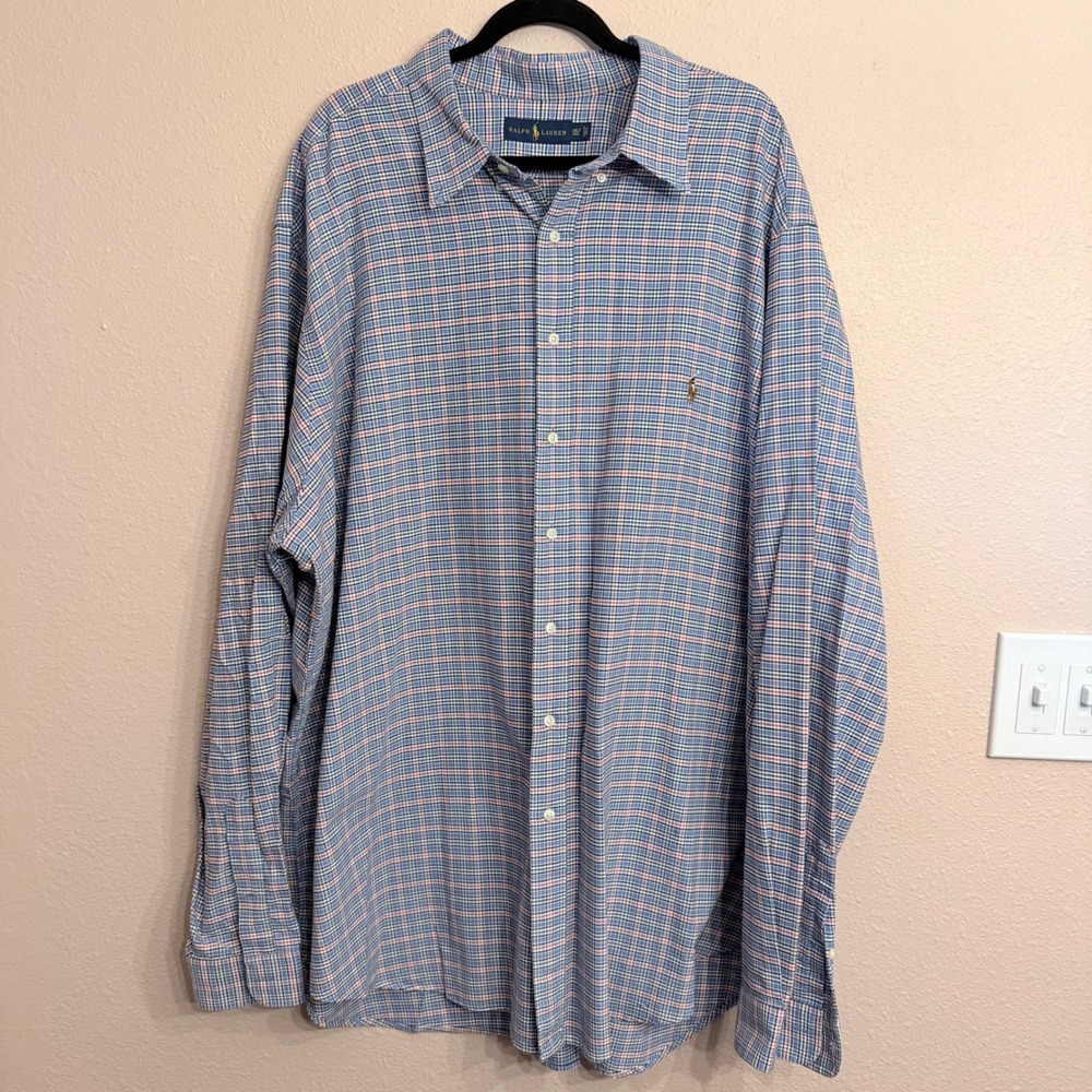 Ralph Lauren Mens 3XLT Tall Blue Plaid Long Sleeve Button Down Shirt Pony Logo